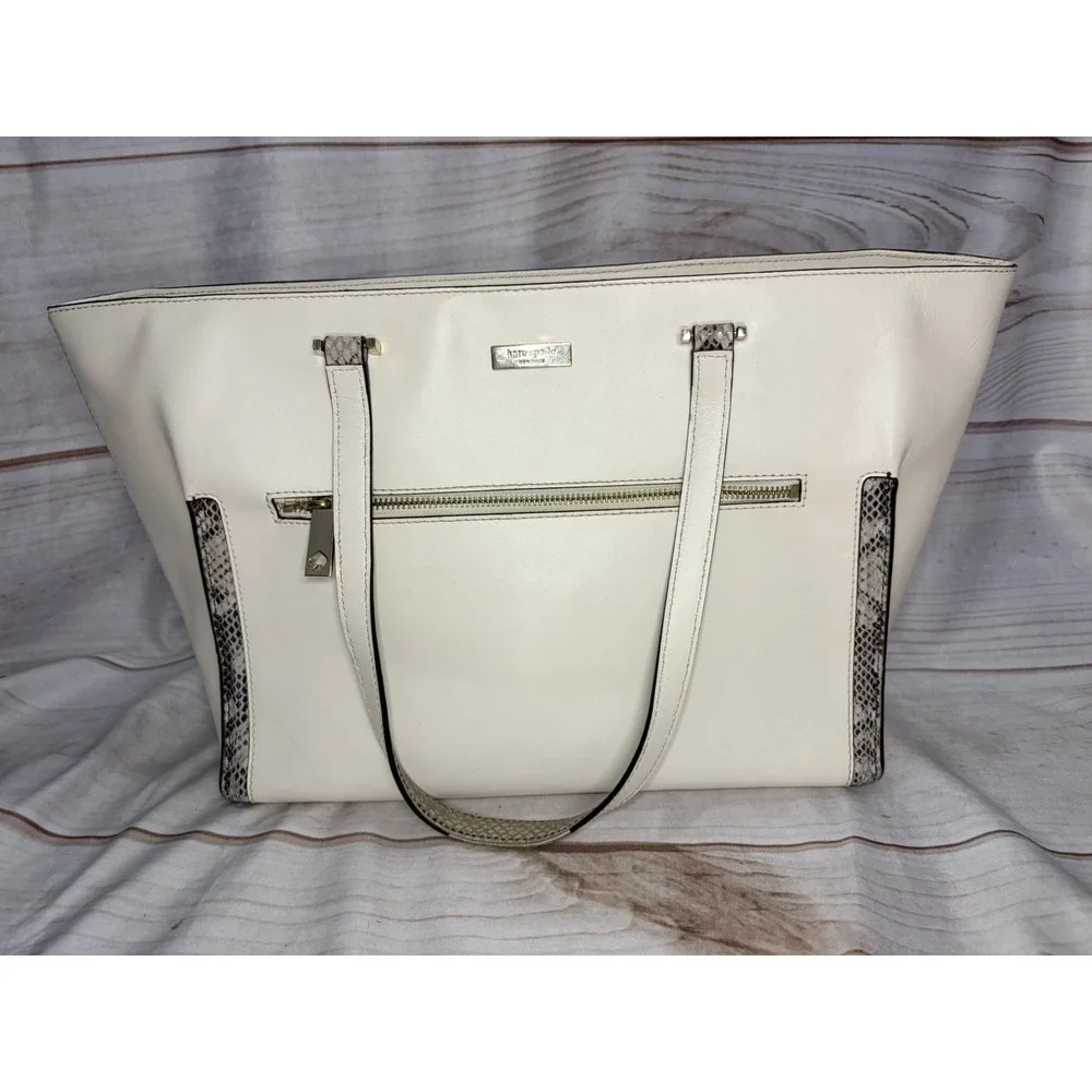 Kate Spade New York Cream Leather Tote Snake Trim‎ Zip Shoulder Bag Large